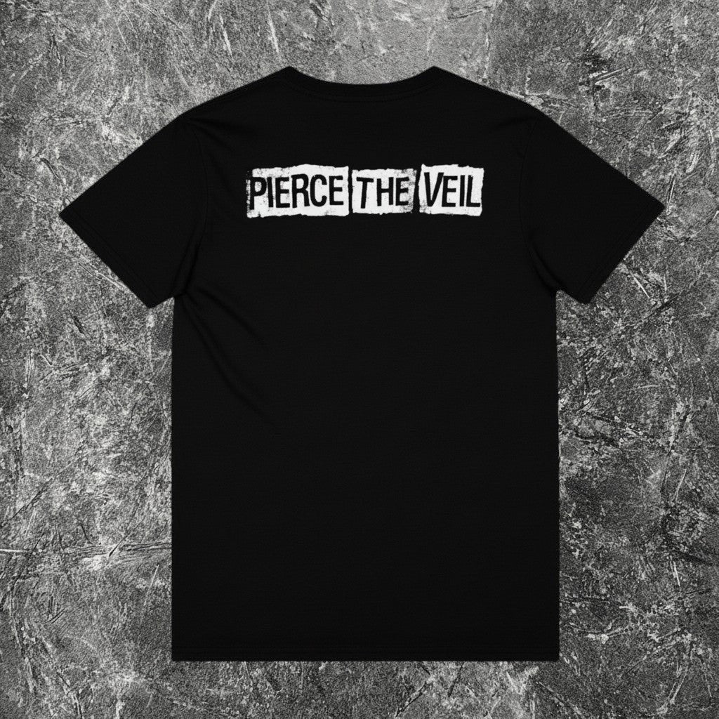 We Rock Pierce The Veil black heavyweight cotton band t-shirt with vintage-washed finish and back graphic print