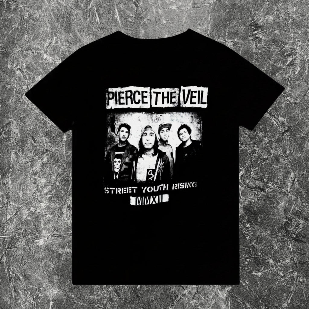We Rock Pierce The Veil vintage-washed black heavyweight cotton band t-shirt with Street Youth Rising graphic print