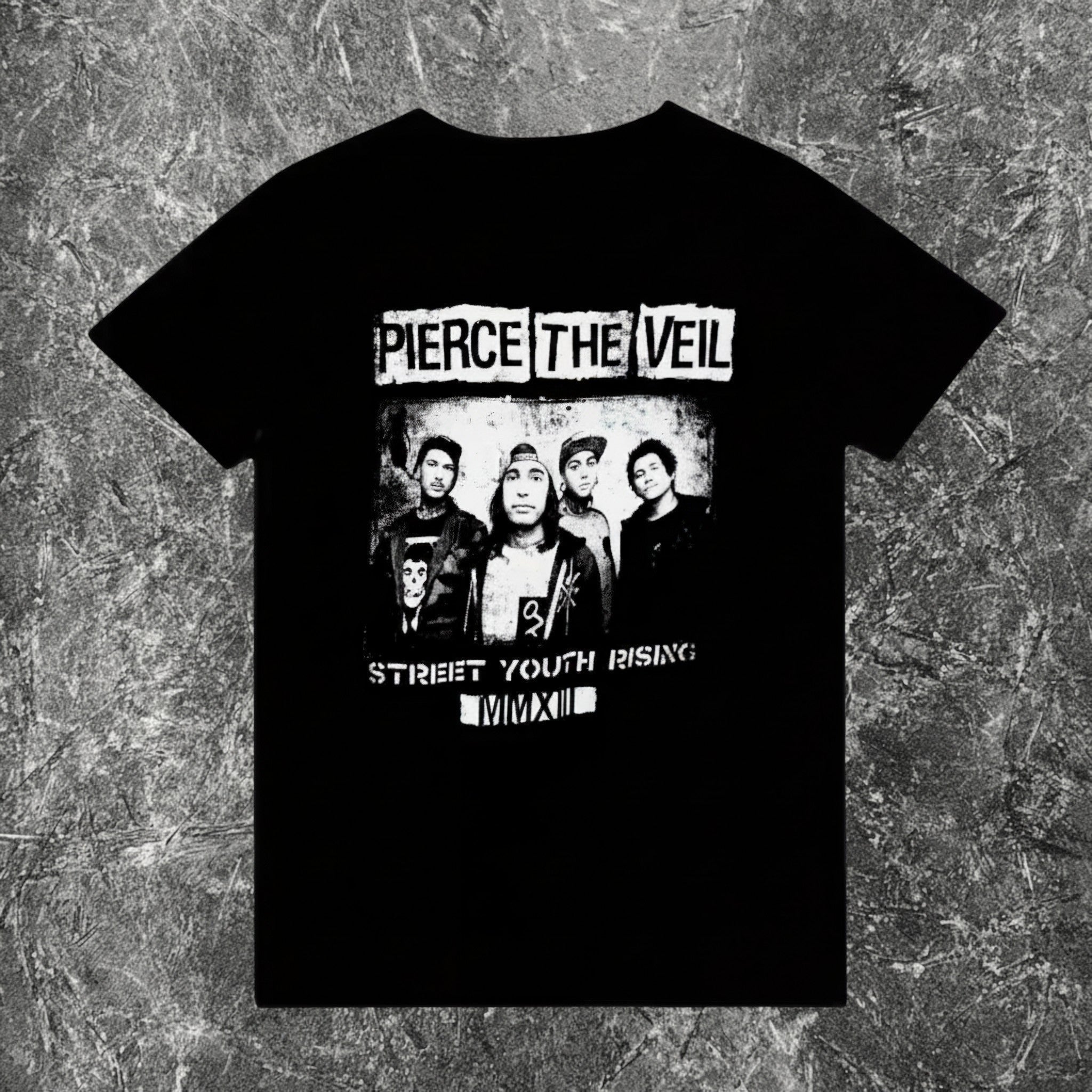 We Rock Pierce The Veil vintage-washed black heavyweight cotton band t-shirt with Street Youth Rising graphic print