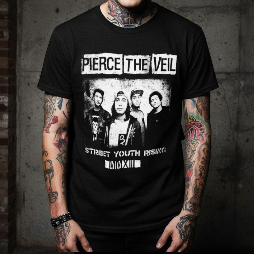We Rock Pierce The Veil vintage-washed black heavyweight cotton band t-shirt with graphic print on a tattooed model