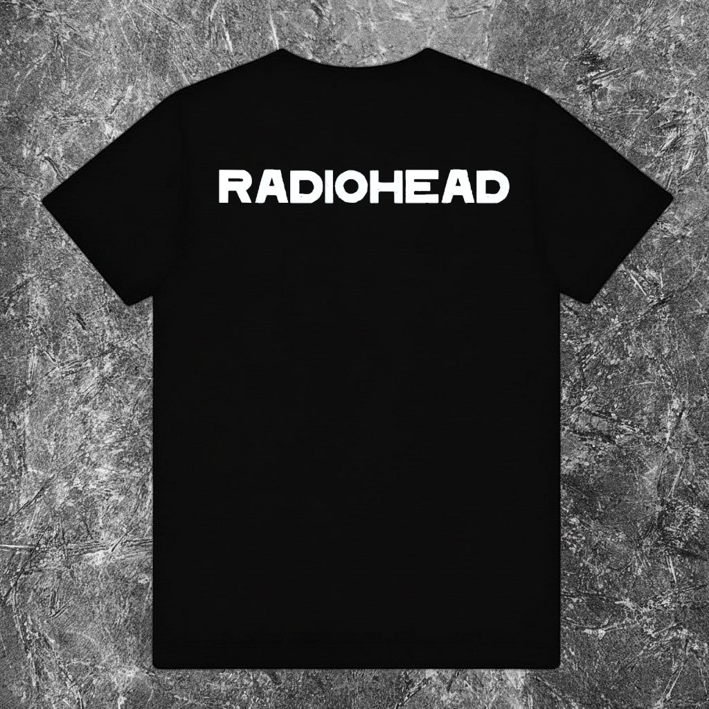 We Rock Radiohead band t-shirt in plain black heavyweight cotton with a relaxed fit, back view