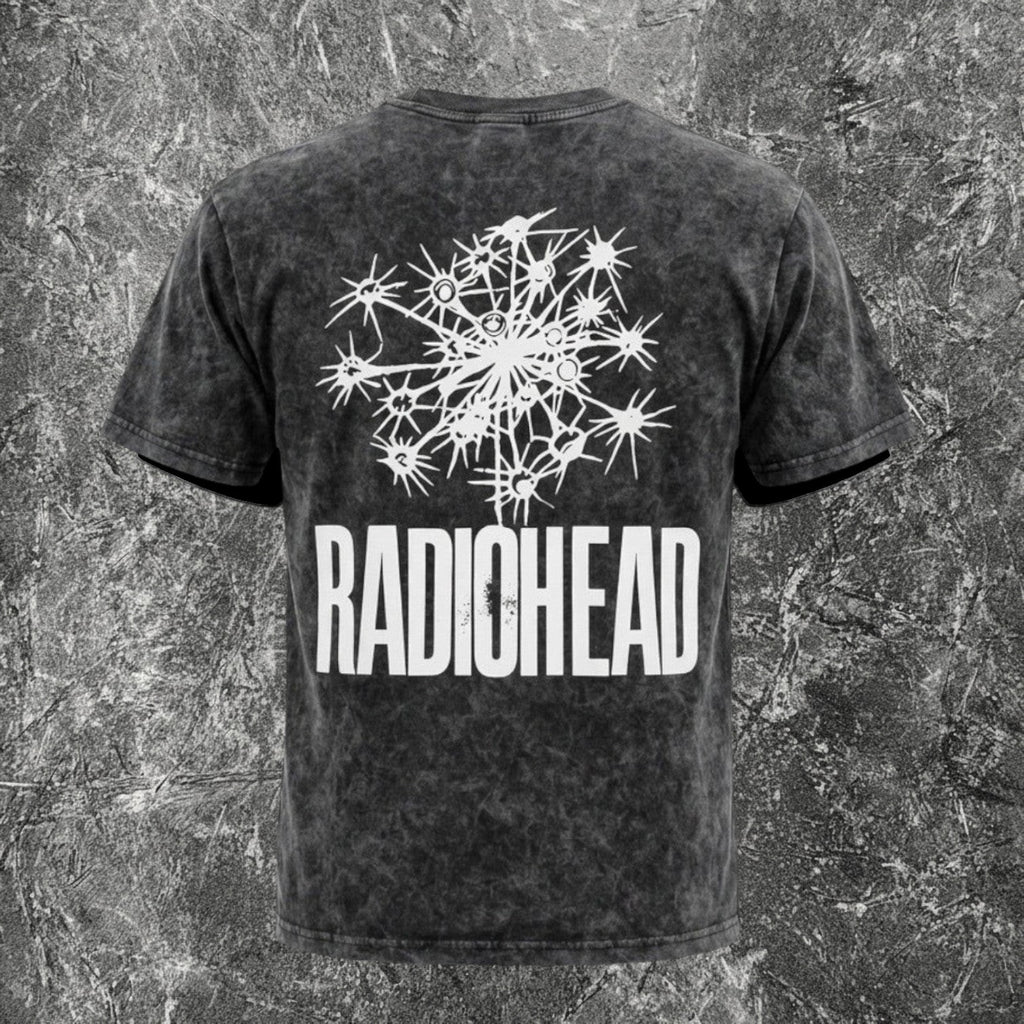 We Rock Radiohead vintage-washed black heavyweight cotton band t-shirt with white graphic print on the back