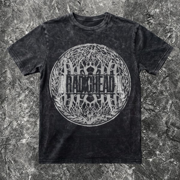 We Rock vintage-washed black heavyweight cotton Radiohead band t-shirt with a circular graphic print.