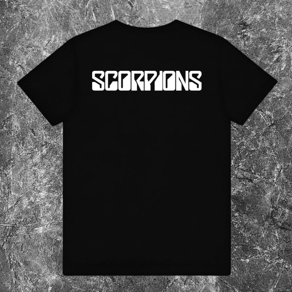 Back view of a plain black We Rock heavyweight 100% cotton Scorpions band t-shirt on a textured grey background.