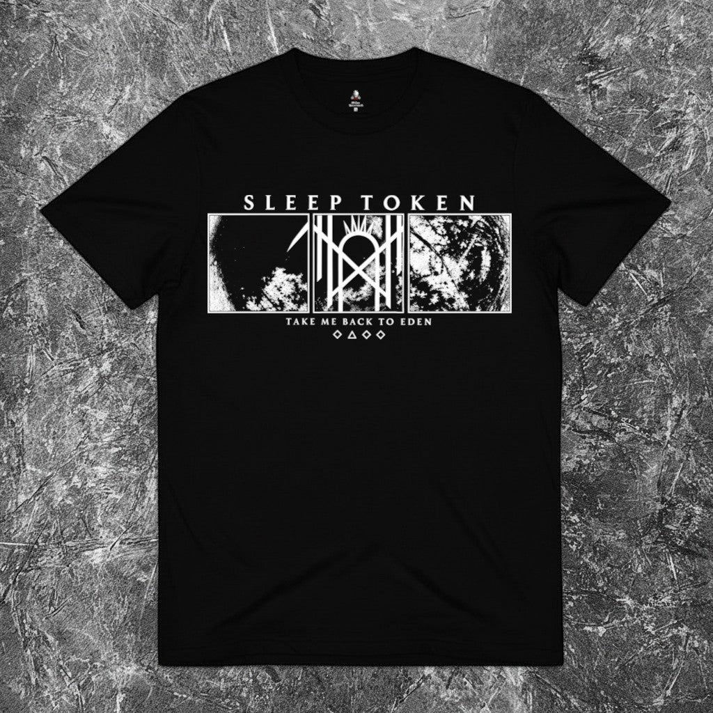 We Rock Sleep Token Take Me Back To Eden black heavyweight 100% cotton graphic t-shirt with a relaxed fit.