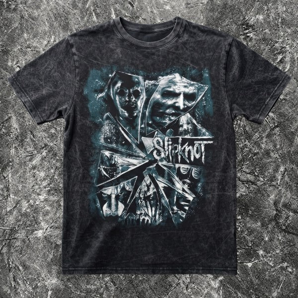 We Rock vintage-washed black heavyweight cotton Slipknot band t-shirt with a distressed graphic print