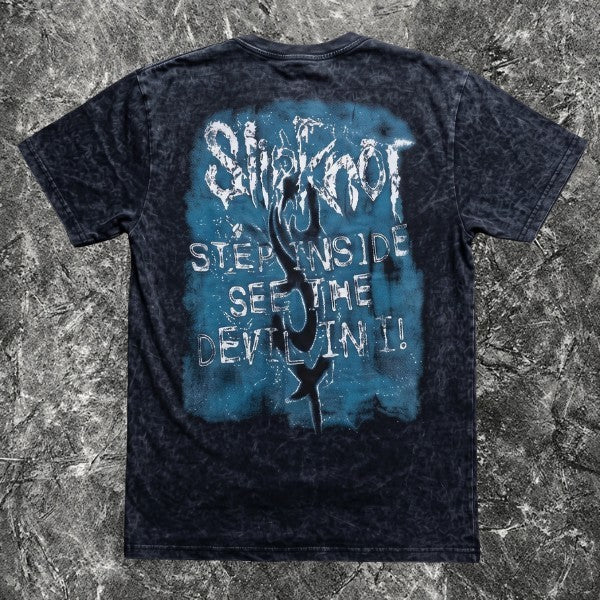 We Rock vintage-washed black Slipknot band t-shirt with blue graphic print on the back