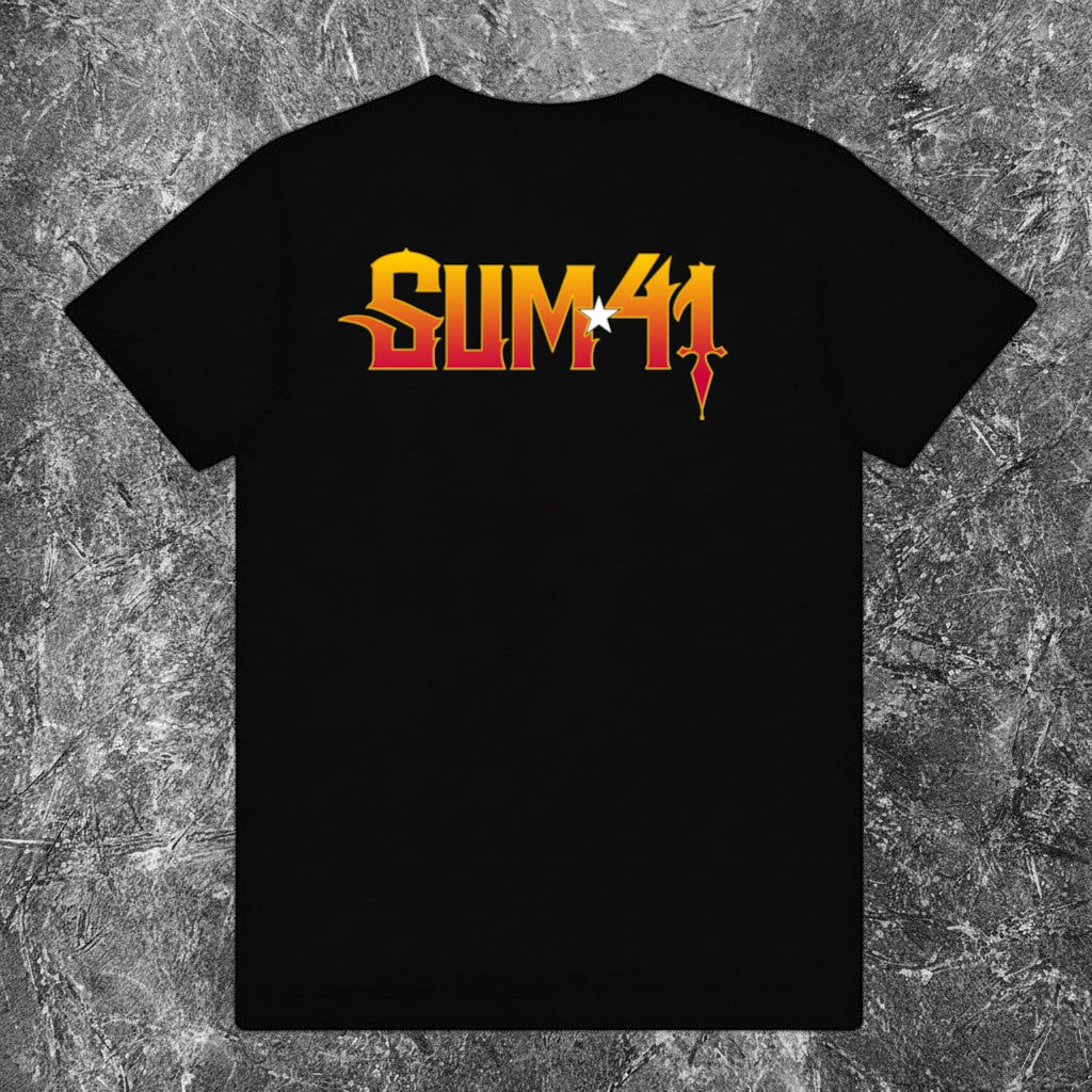 Back view of a plain black We Rock SUM 41 band t-shirt on a textured grey background