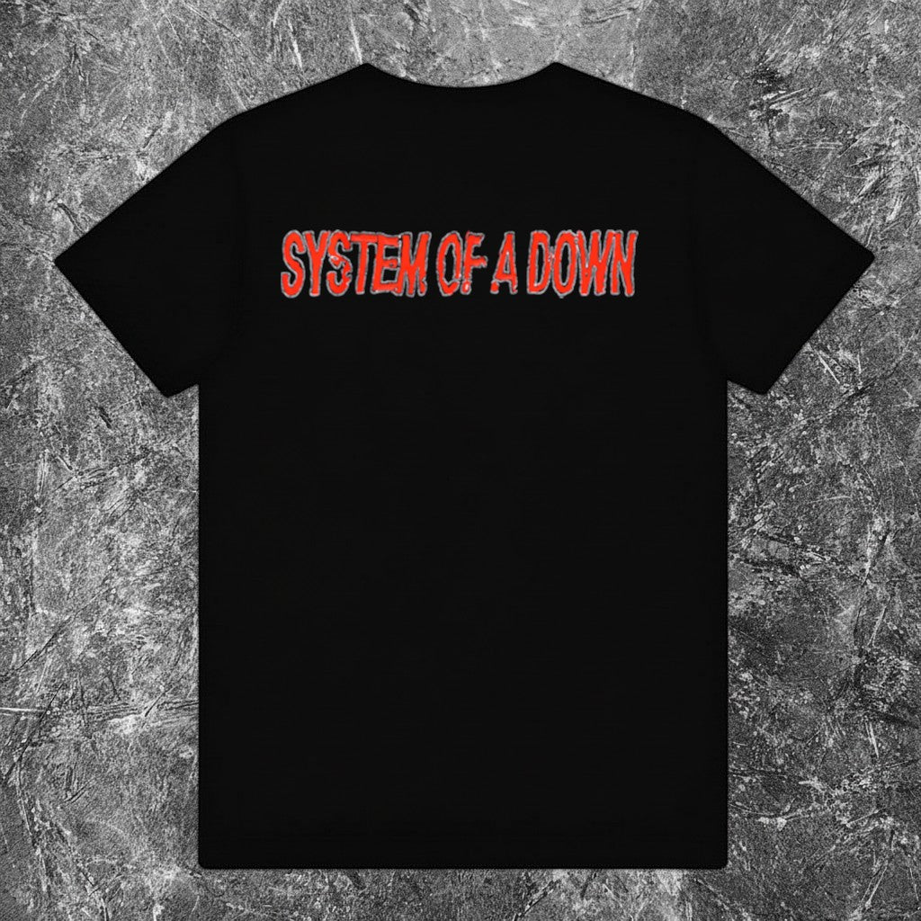 We Rock black System of a Down Hypnotize band t-shirt with white and red logo graphics on the back