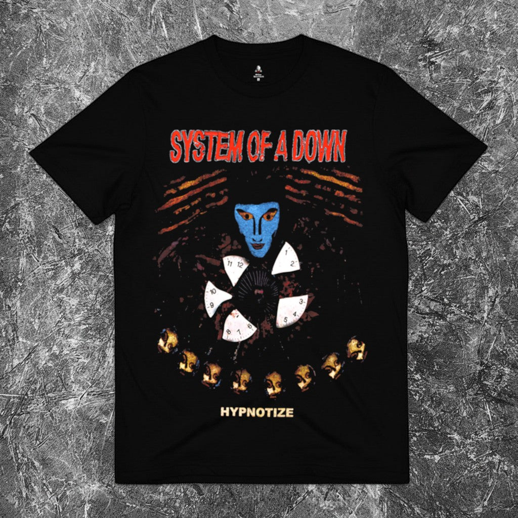 We Rock System of a Down Hypnotize black t-shirt featuring a blue face graphic and clock face design