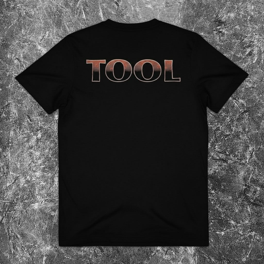 We Rock TOOL band t-shirt in black with a vintage-washed finish and trippy green graphic print on the back