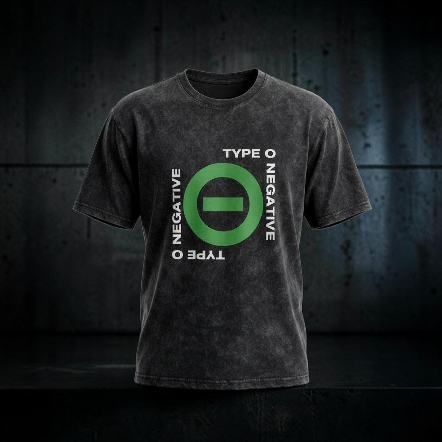 We Rock vintage-washed black heavyweight cotton band t-shirt with green Type O Negative logo graphic