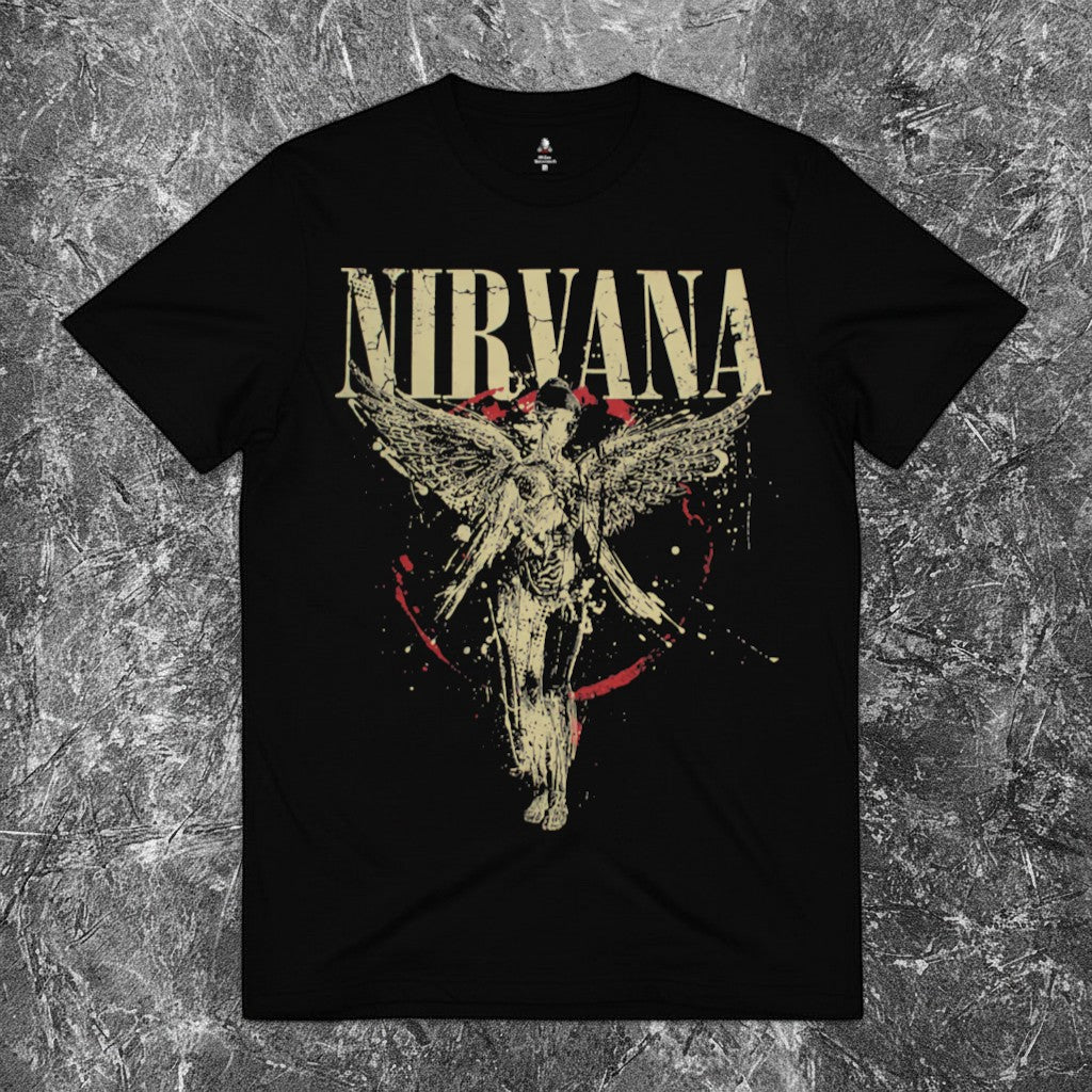 We Rock vintage-washed black heavyweight cotton t-shirt with a relaxed fit on a textured grey background