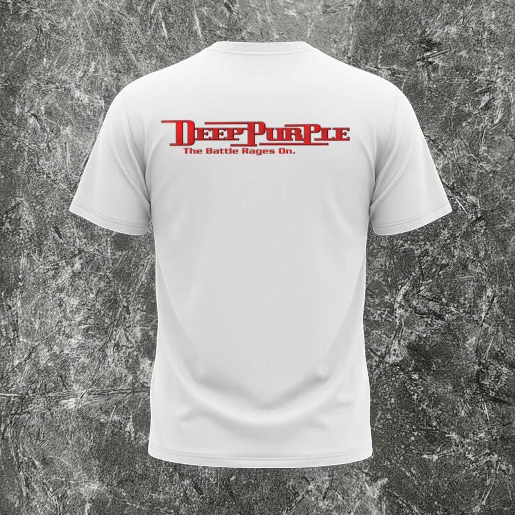 Back view of a plain white We Rock heavyweight 100% cotton t-shirt with a relaxed fit against a textured background.